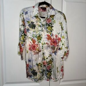 Zata White Floral Satin Button Up Shirt Womens M Resortwear Vacation